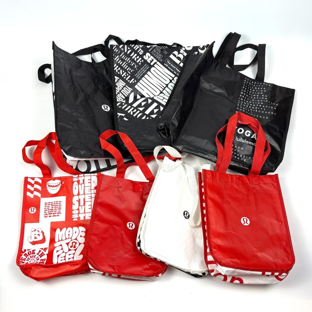 Lot of 7 Lululemon Bags 3 Medium 4 Small Red White Black Reuseable Tote Yoga Sho
